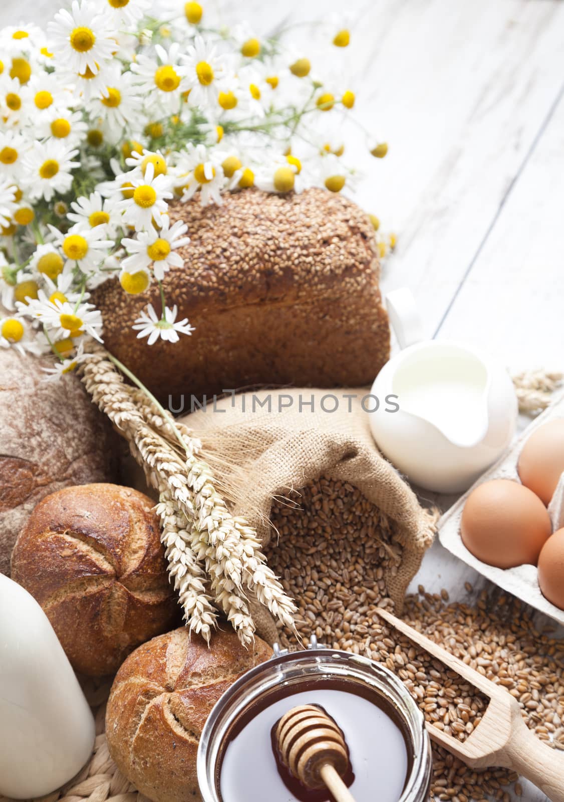 Freshly baked bread rolls, wheat ears and honey