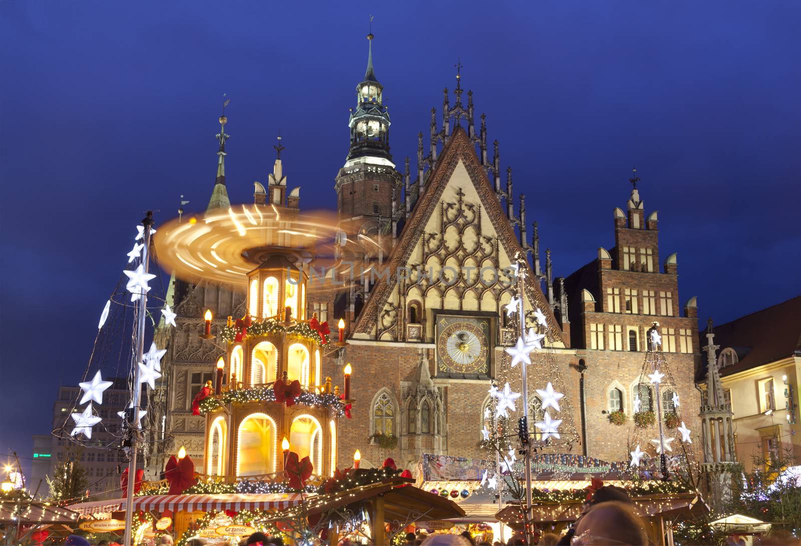 Christmas market in Wroclaw, Poland at evening.Wroclaw is European city of culture in 2016.