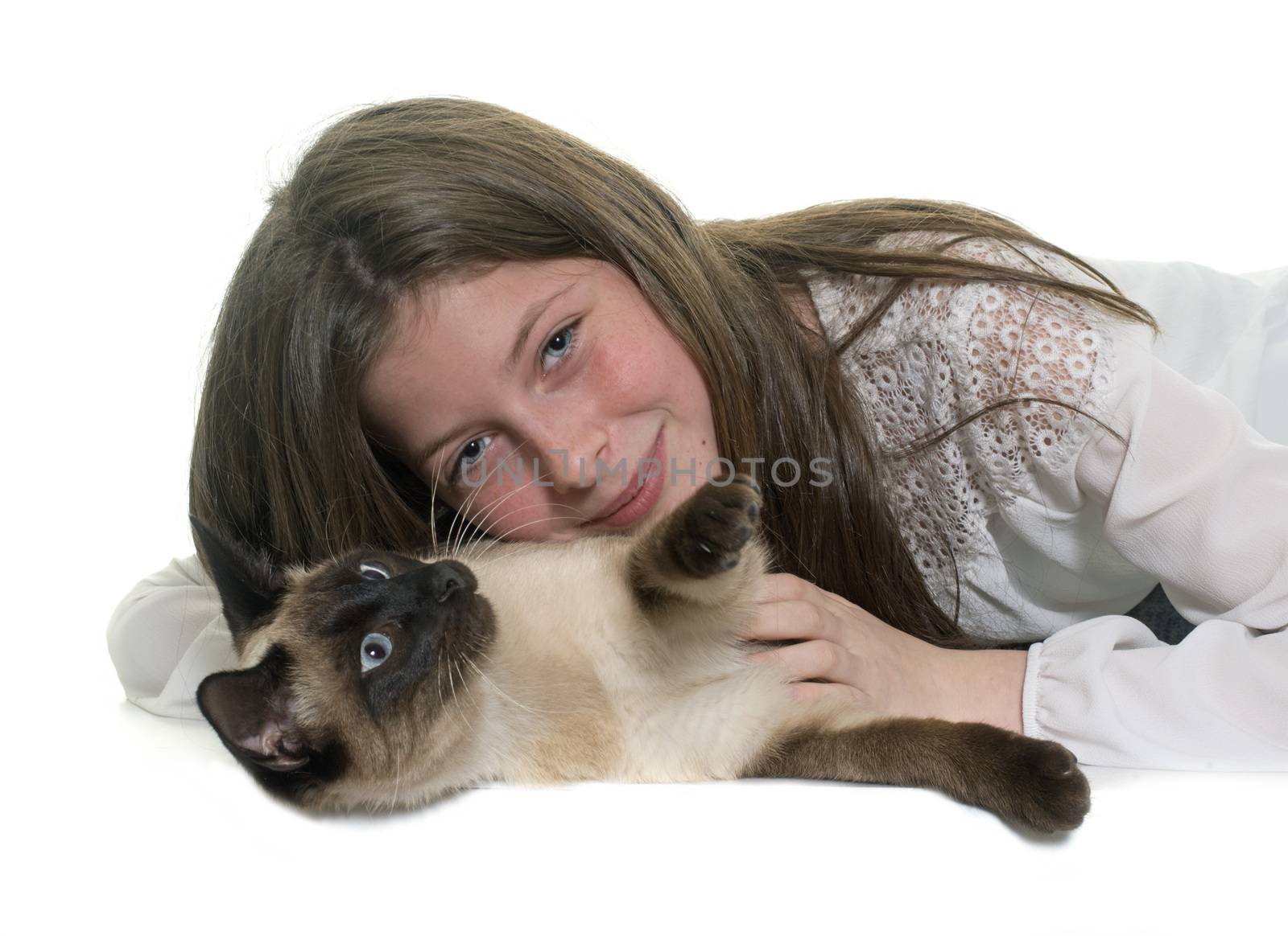 child and siamese cat in front of white background