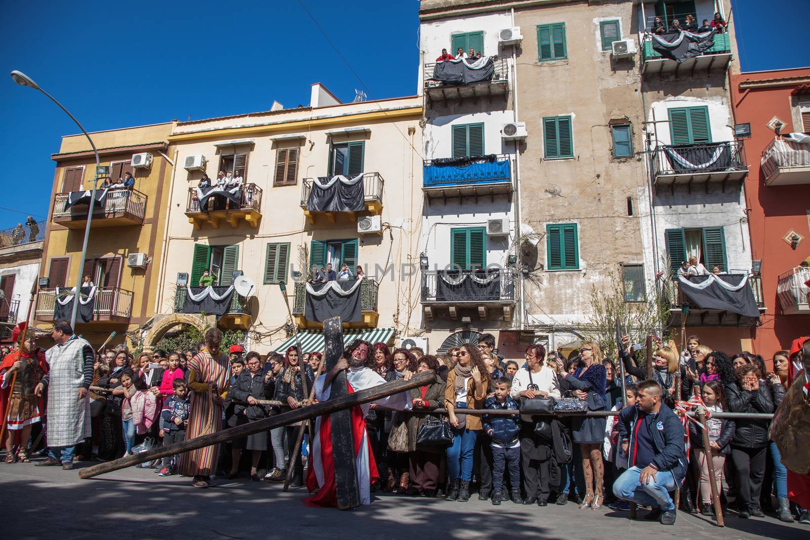 ITALY, Palermo: A man poses as Jesus Christ on Good Friday, March 25, 2016, during the traditional procession of mysteries (processione del misteri) and reenactment of the crucifixion in Palermo, Italy. The procession comes at the end of the Holy Week, just days before Easter Sunday.