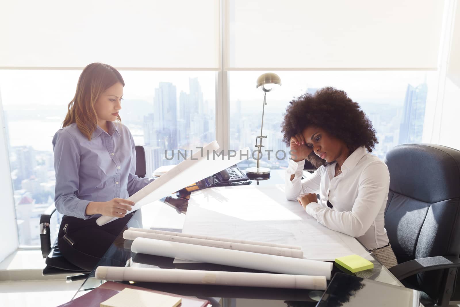 Architect Women Colleagues With Blueprints Examining Housing Pro by diego_cervo