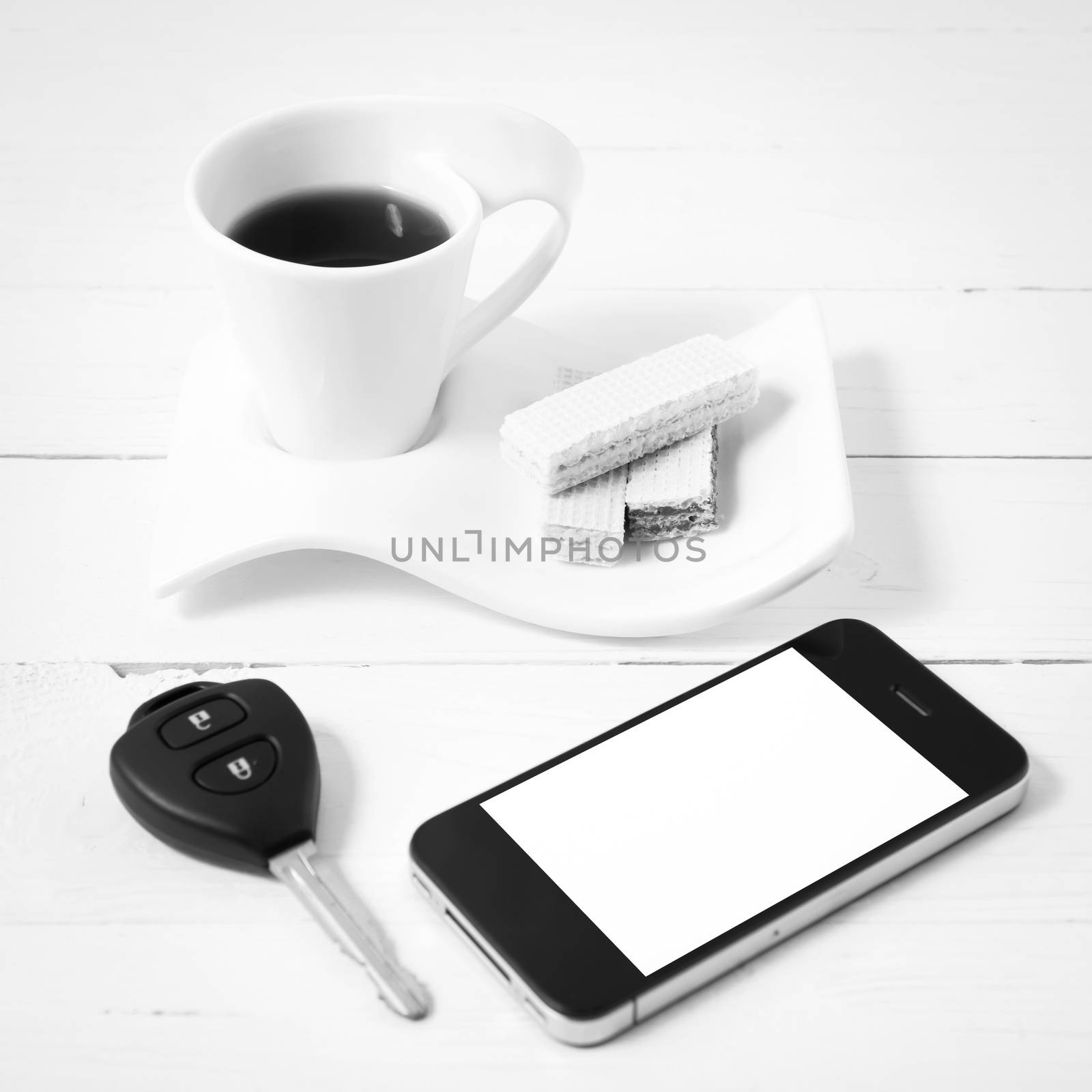 coffee cup with wafer,phone,car key black and white color by ammza12