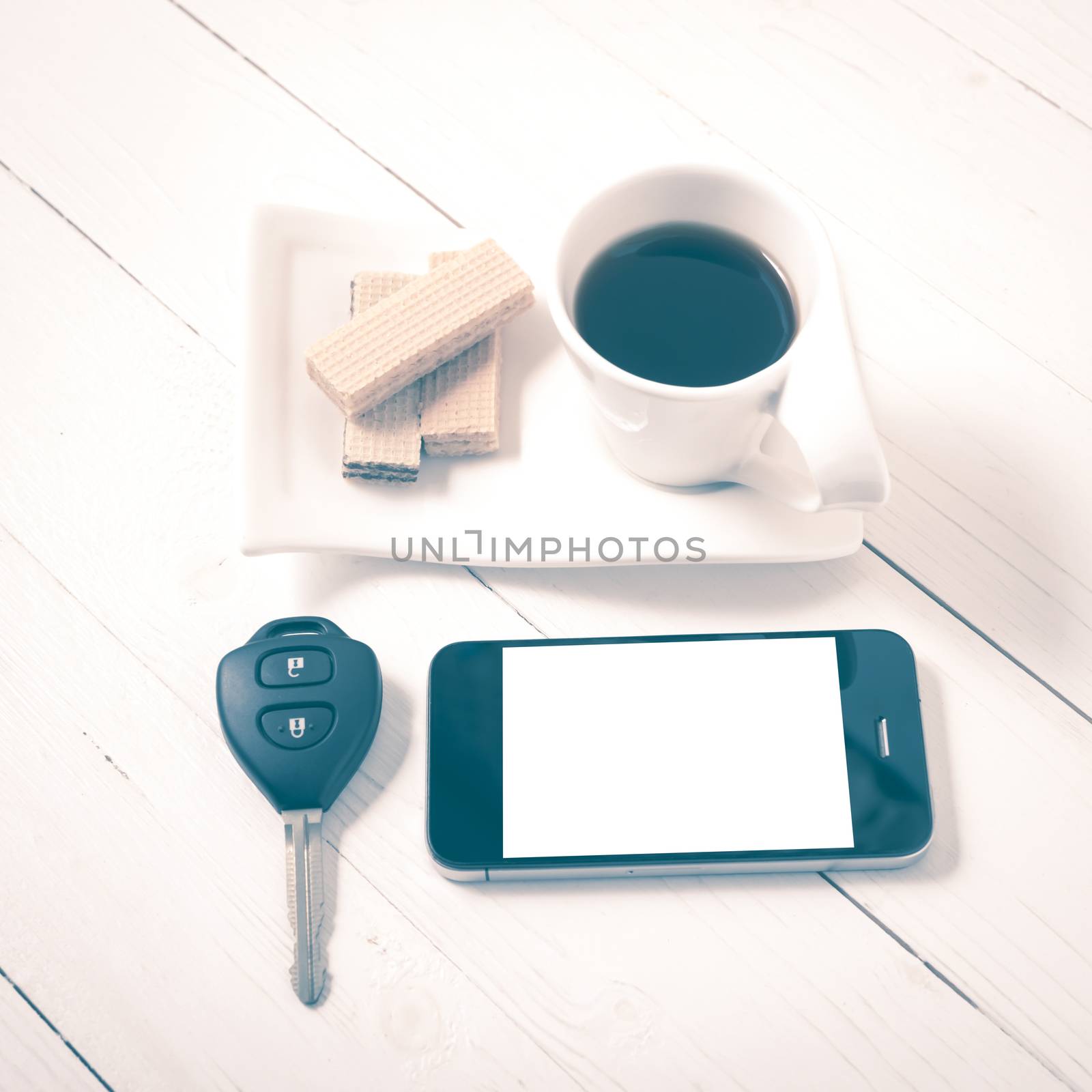 coffee cup with wafer,phone,car key vintage style by ammza12