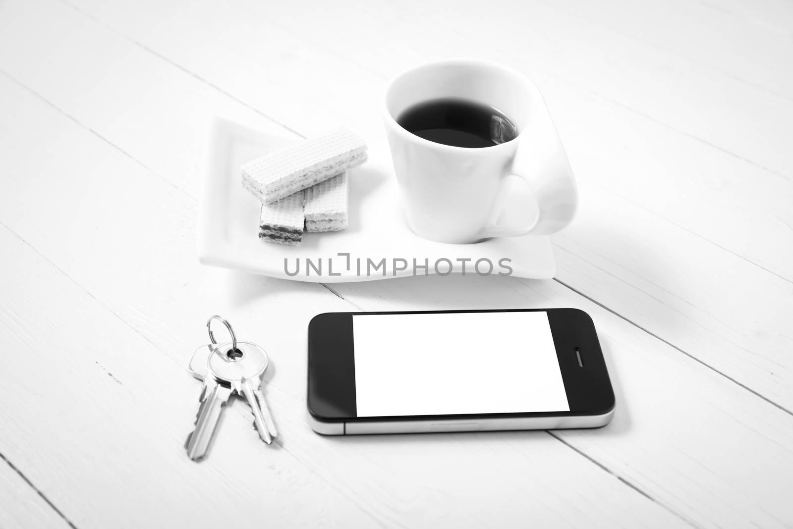 coffee cup with wafer,phone,key black and white color by ammza12