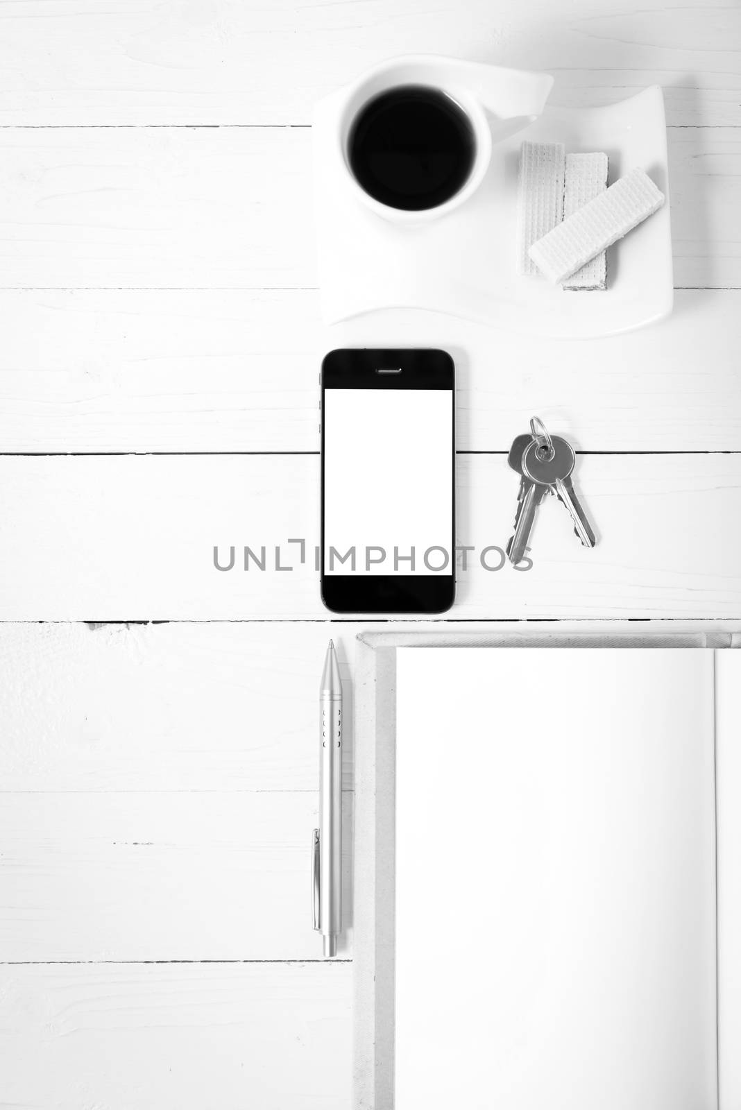 coffee cup with wafer,phone,key,notebook black and white color by ammza12