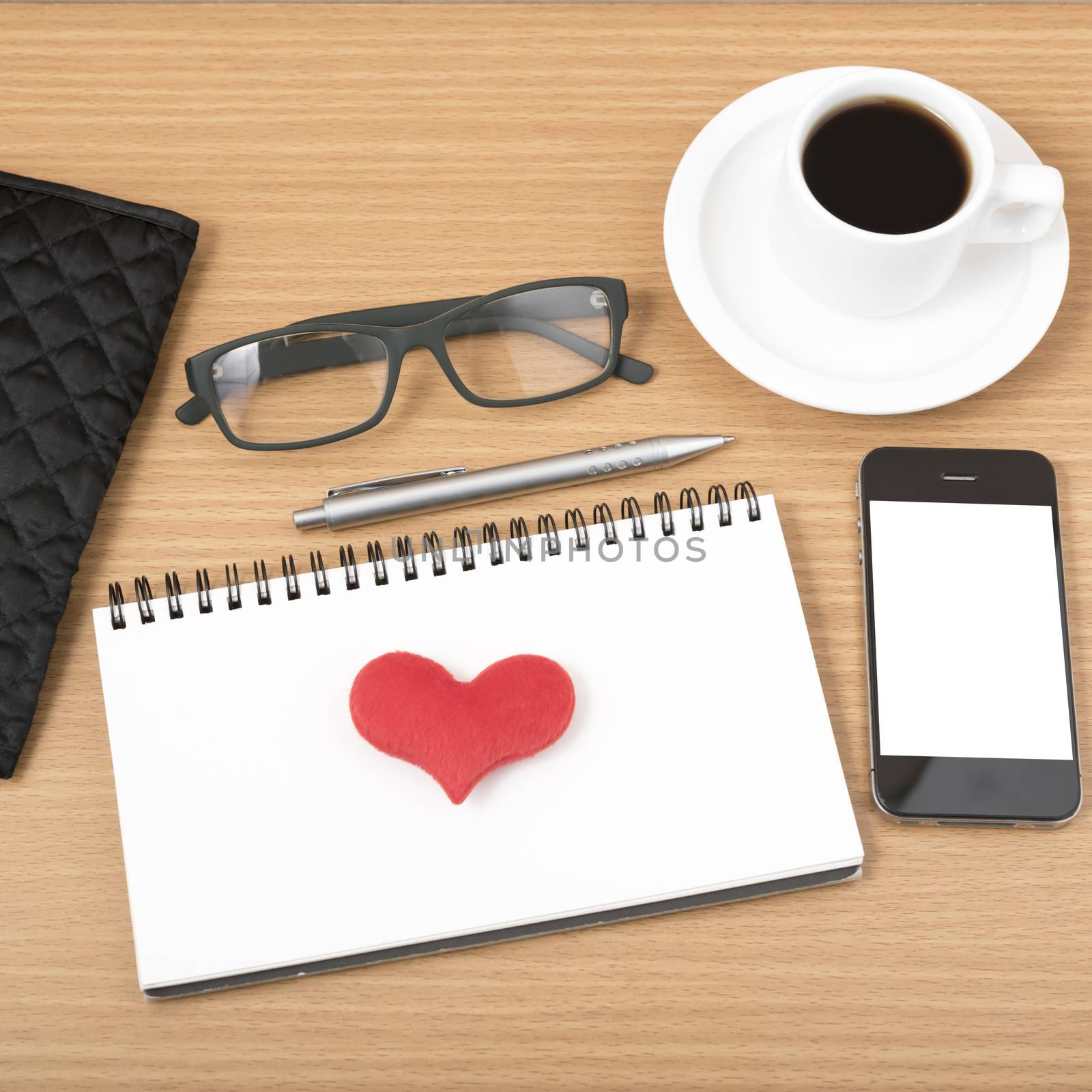 office desk : coffee with phone,notepad,eyeglasses,wallet,heart by ammza12