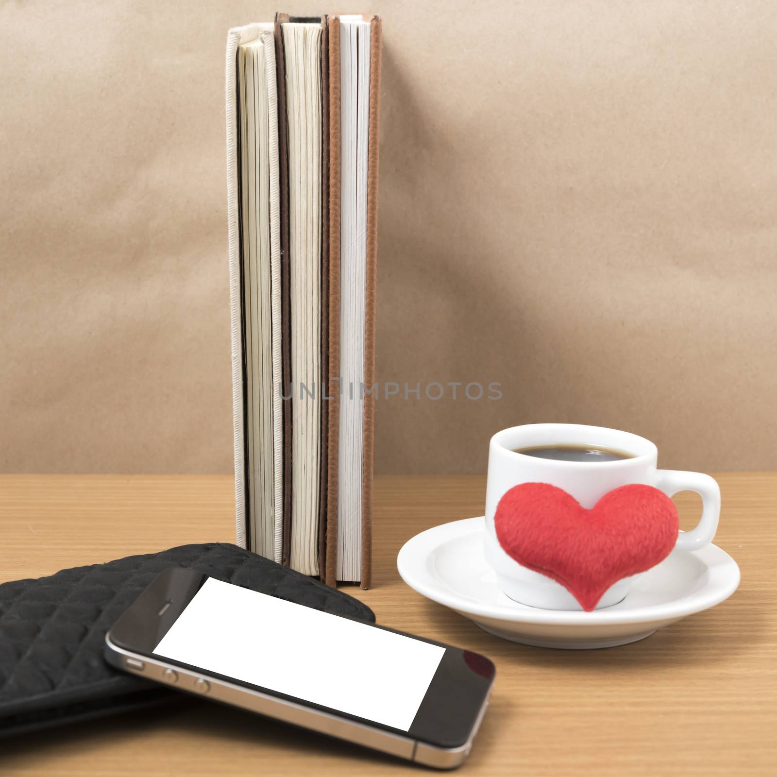 working table : coffee with phone,stack of book,wallet and heart by ammza12