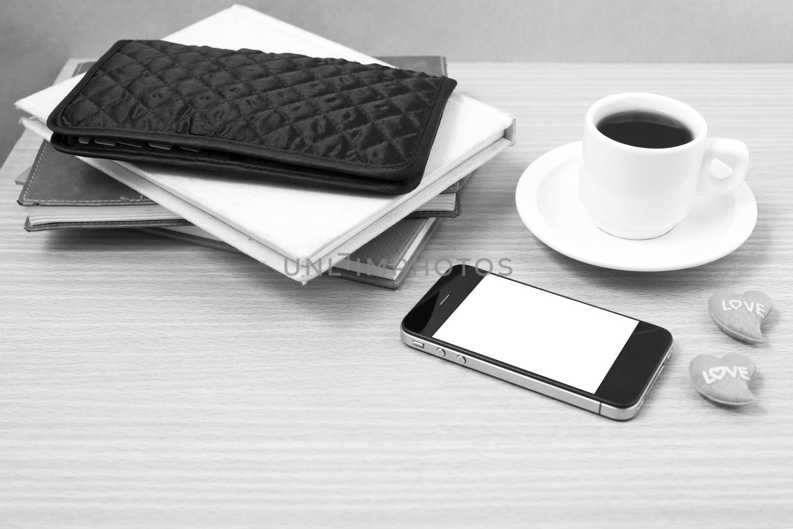office desk : coffee with phone,heart,stack of book,wallet black by ammza12