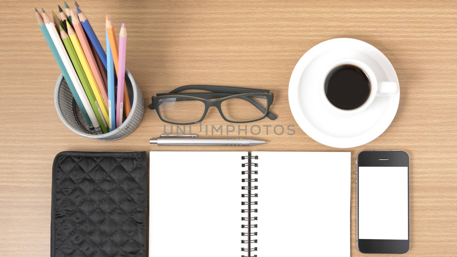 office desk : coffee with phone,notepad,eyeglasses,wallet,color  by ammza12
