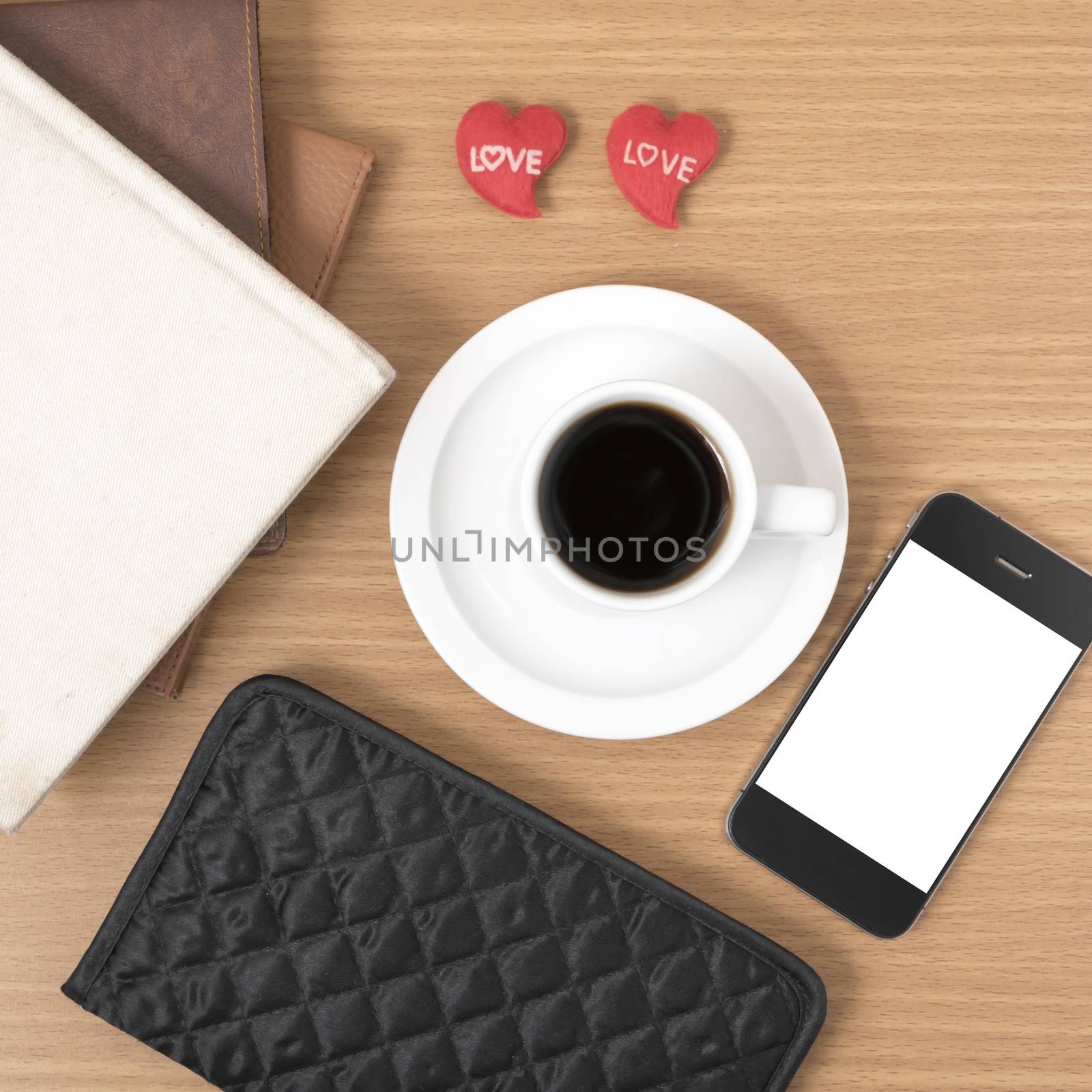 office desk : coffee with phone,heart,stack of book,wallet by ammza12