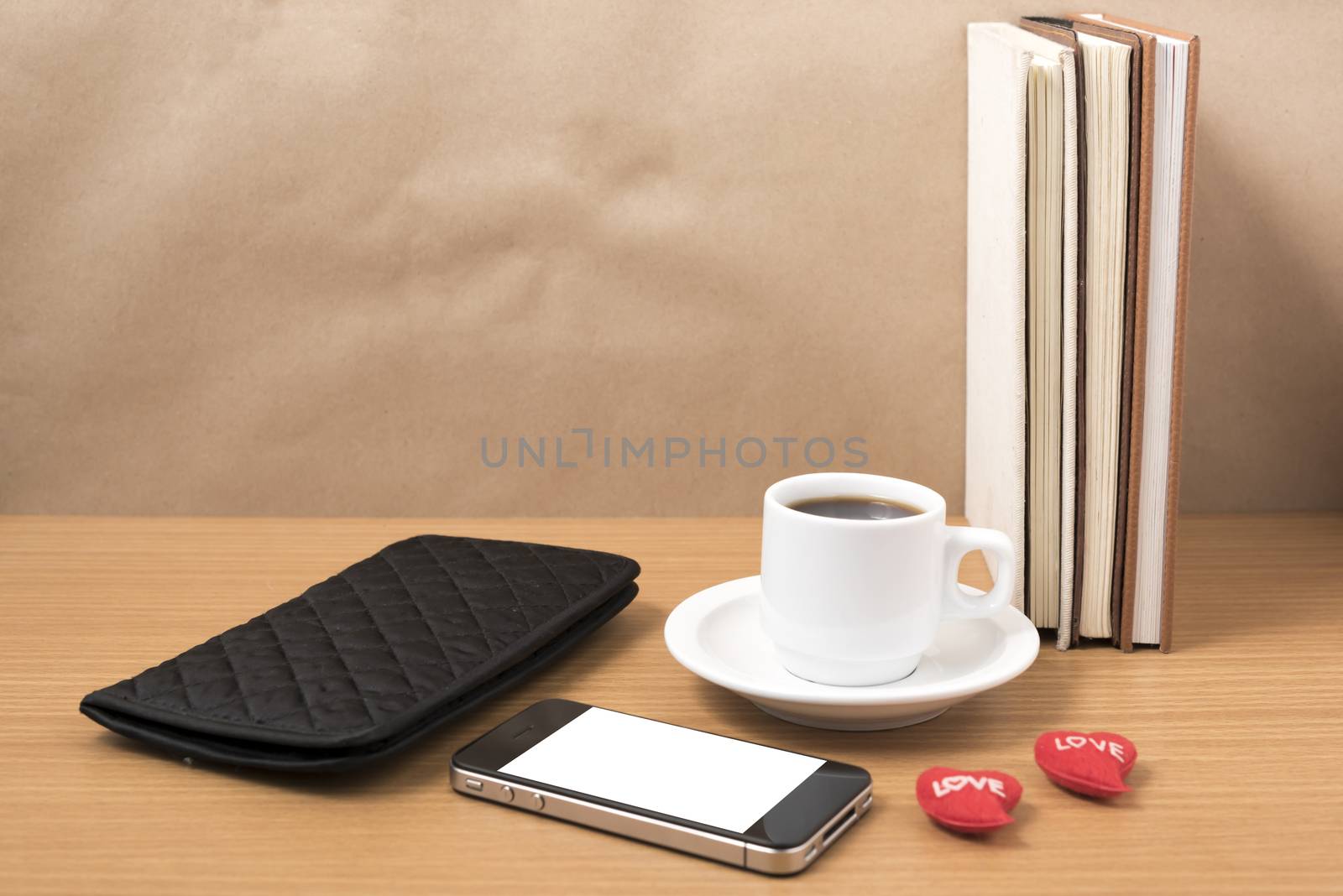 office desk : coffee with phone,heart,stack of book,wallet by ammza12
