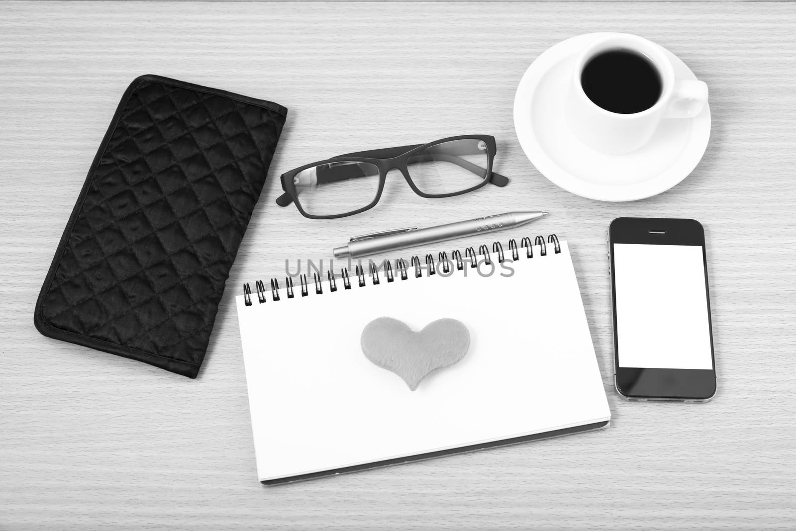 office desk : coffee with phone,notepad,eyeglasses,wallet,heart  by ammza12
