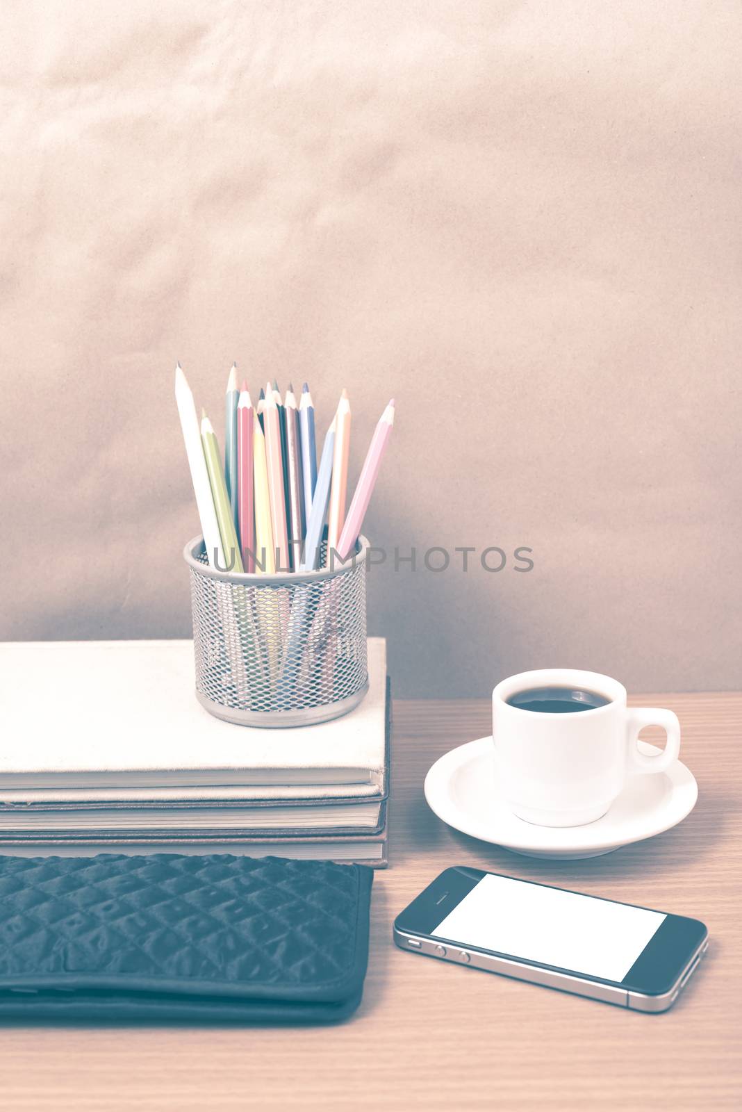 office desk : coffee with phone,stack of book,wallet,color box v by ammza12