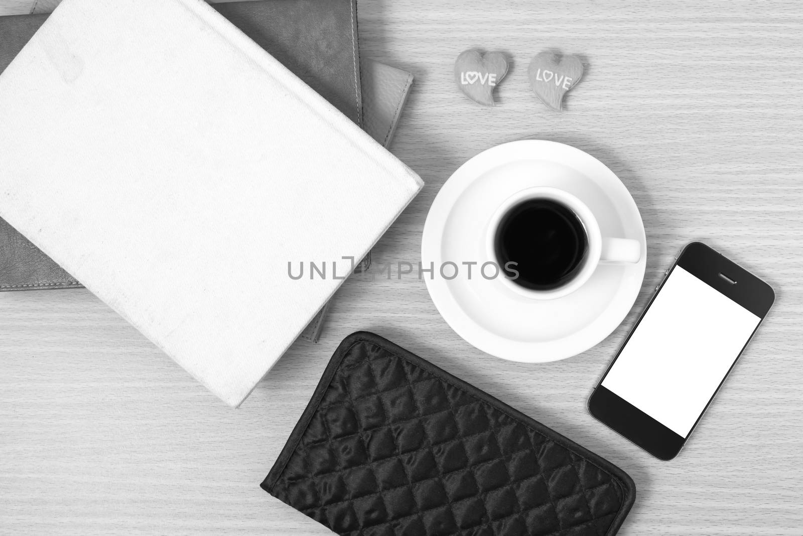 office desk : coffee with phone,heart,stack of book,wallet black by ammza12