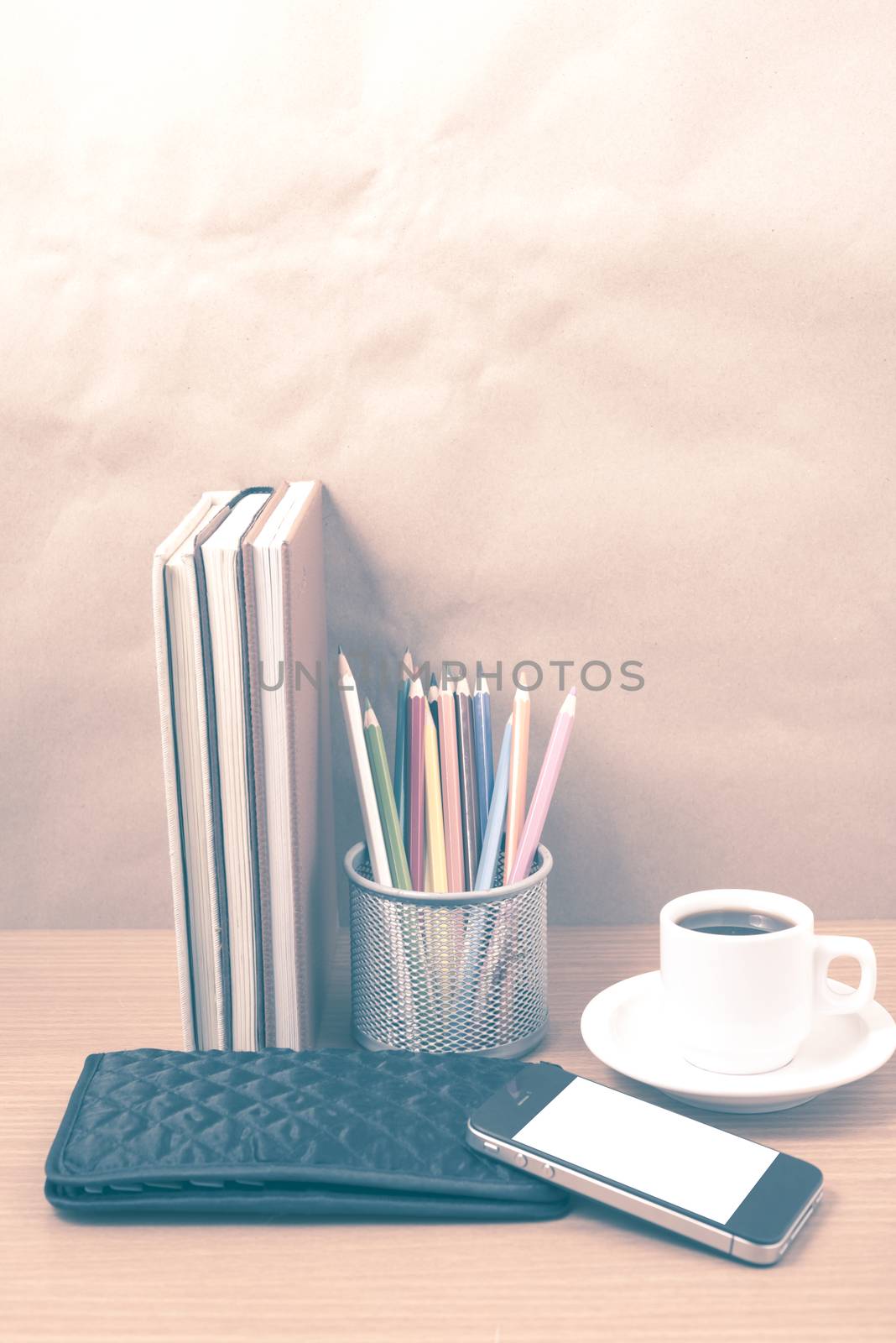 office desk : coffee with phone,stack of book,wallet,color box v by ammza12