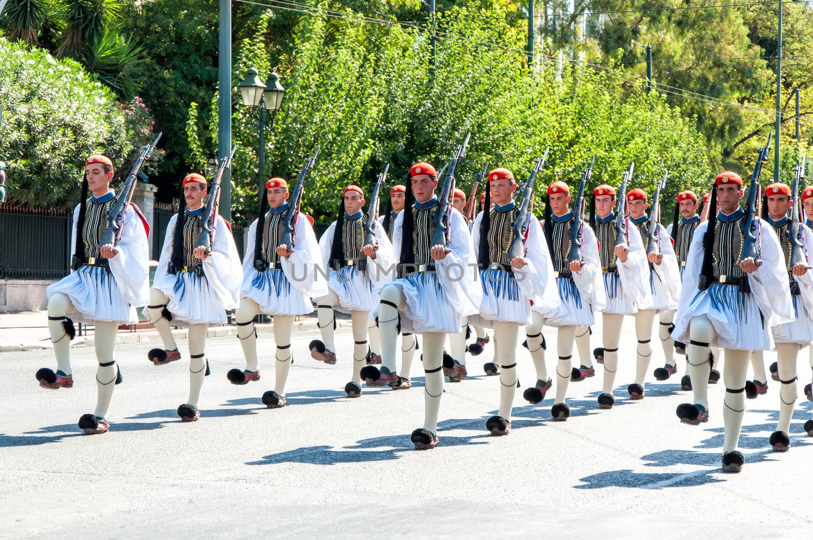 The Evzones is a special unit of the Hellenic Army who guard the Monument of the Unknown Soldier.