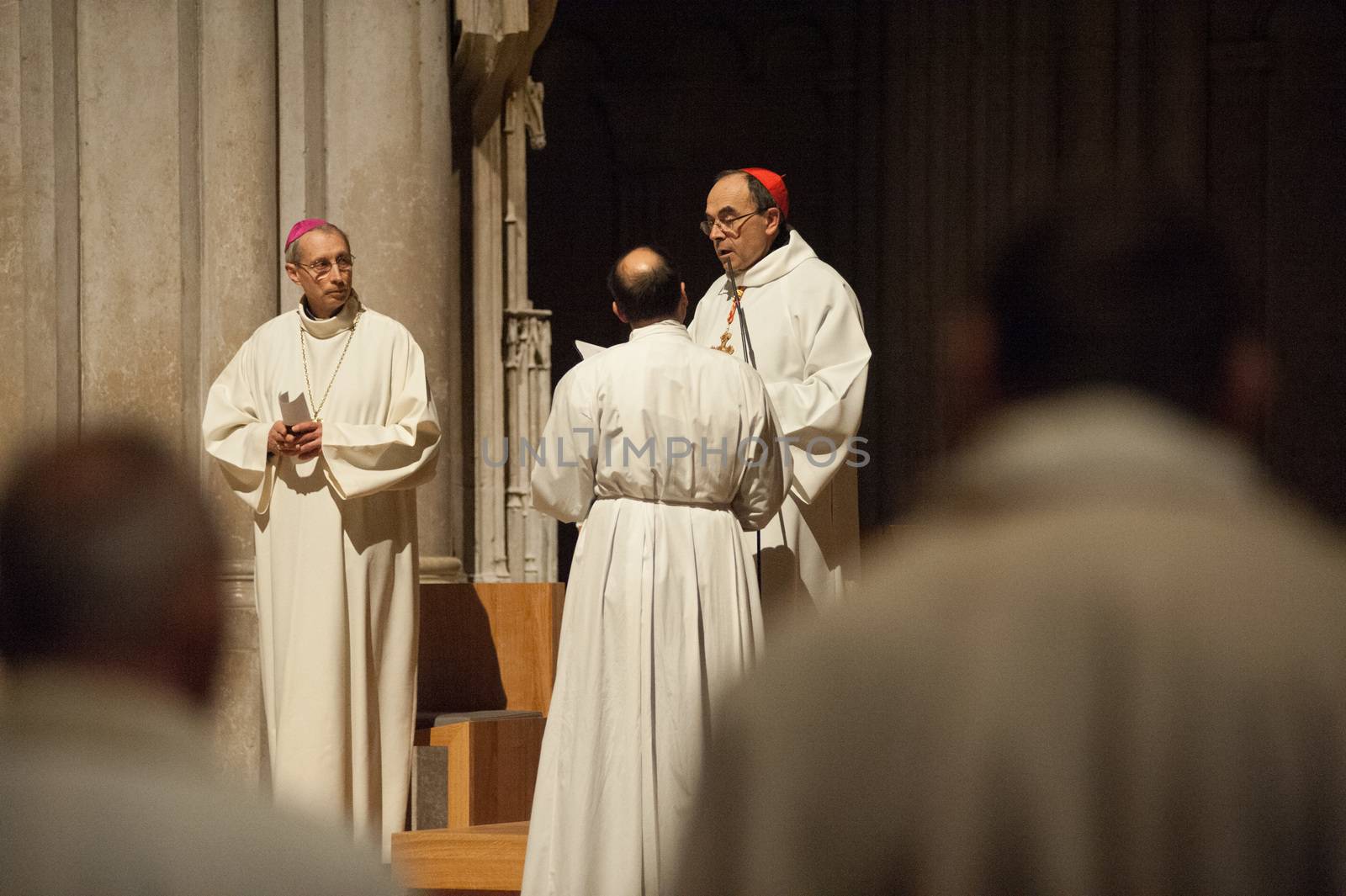 FRANCE, Lyon: Roman Catholic Cardinal, Archbishop of Lyon, Philippe Barbarin (1stR) takes part in a Good Friday mass on March 25, 2016 in Saint-Jean cathedral in Lyon, central eastern France. Barbarin, accused of covering up the sexual abuse of children by priests apologised to victims during a mass on March 23, according to the website of his diocese. Barbarin, quoting Pope Francis, said on March 23 he was obliged to assume all the evil committed by some priests and personally apologise for the damage they have caused by sexually abusing children.