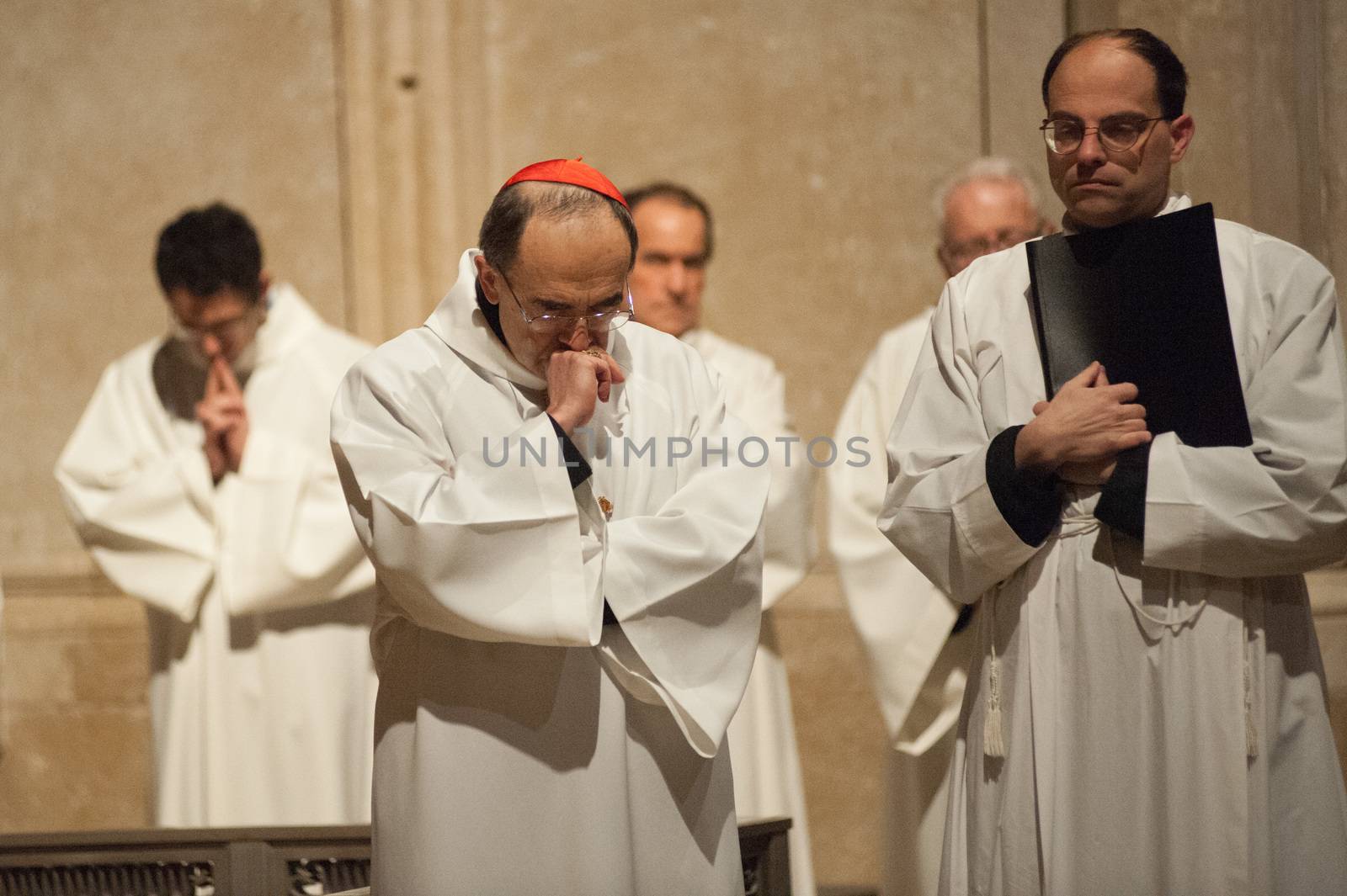 FRANCE, Lyon: Roman Catholic Cardinal, Archbishop of Lyon, Philippe Barbarin (C) takes part in a Good Friday mass on March 25, 2016 in Saint-Jean cathedral in Lyon, central eastern France. Barbarin, accused of covering up the sexual abuse of children by priests apologised to victims during a mass on March 23, according to the website of his diocese. Barbarin, quoting Pope Francis, said on March 23 he was obliged to assume all the evil committed by some priests and personally apologise for the damage they have caused by sexually abusing children.