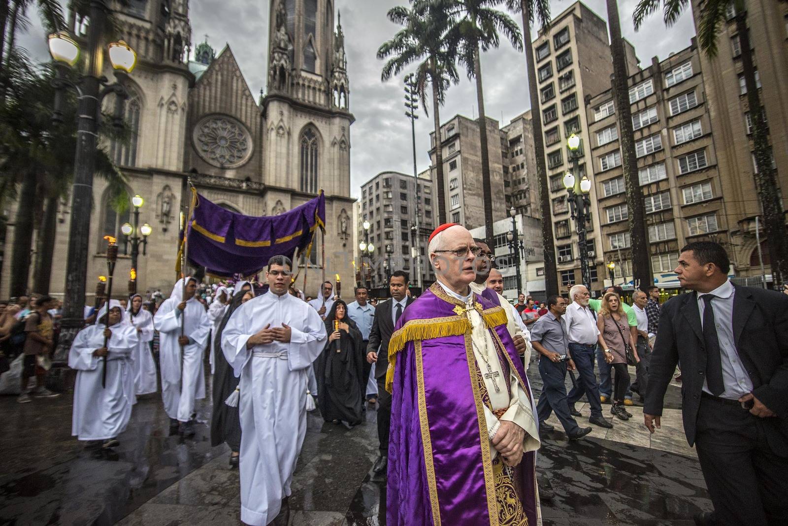 BRAZIL, Sao Paulo: Penitents participate in a Good Friday procession through Sao Paulo, Brazil on March 25, 2016.Good Friday is the Friday before Easter, which symbolizes the day that Jesus Christ was crucified and died. 