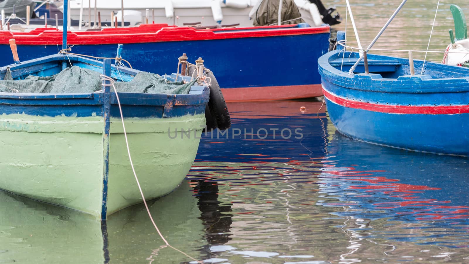 Small traditional fishing boat, made of wood, coloured, painted, Sicily