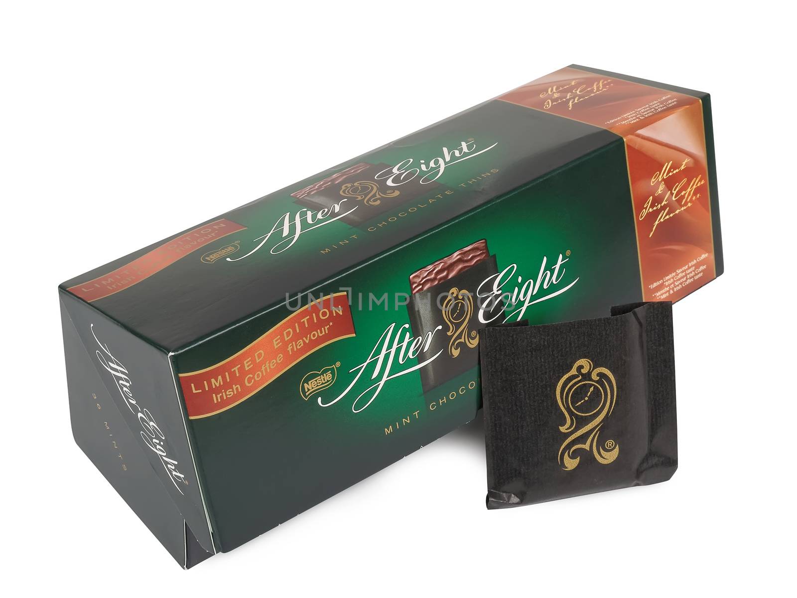 PULA, CROATIA - MARCH 15, 2016: Box of Nestle's After Eight mint chocolate thins on white background. Established in 1962, After Eight is recognized as the leading mint chocolate brand.
