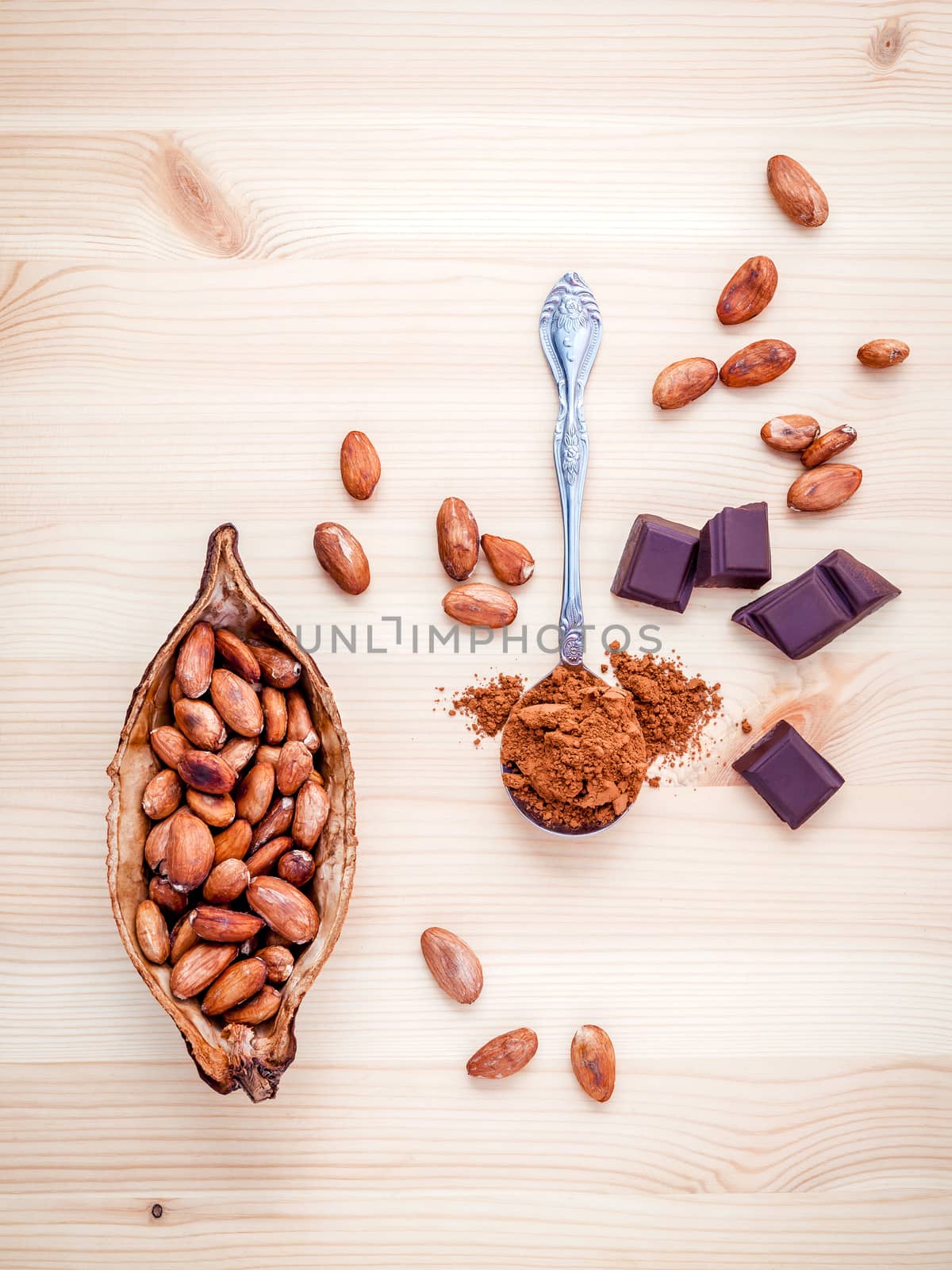 Brown chocolate powder in spoon , Roasted cocoa beans in the dry cocoa pod fruit and dark chocolate setup on wooden background.