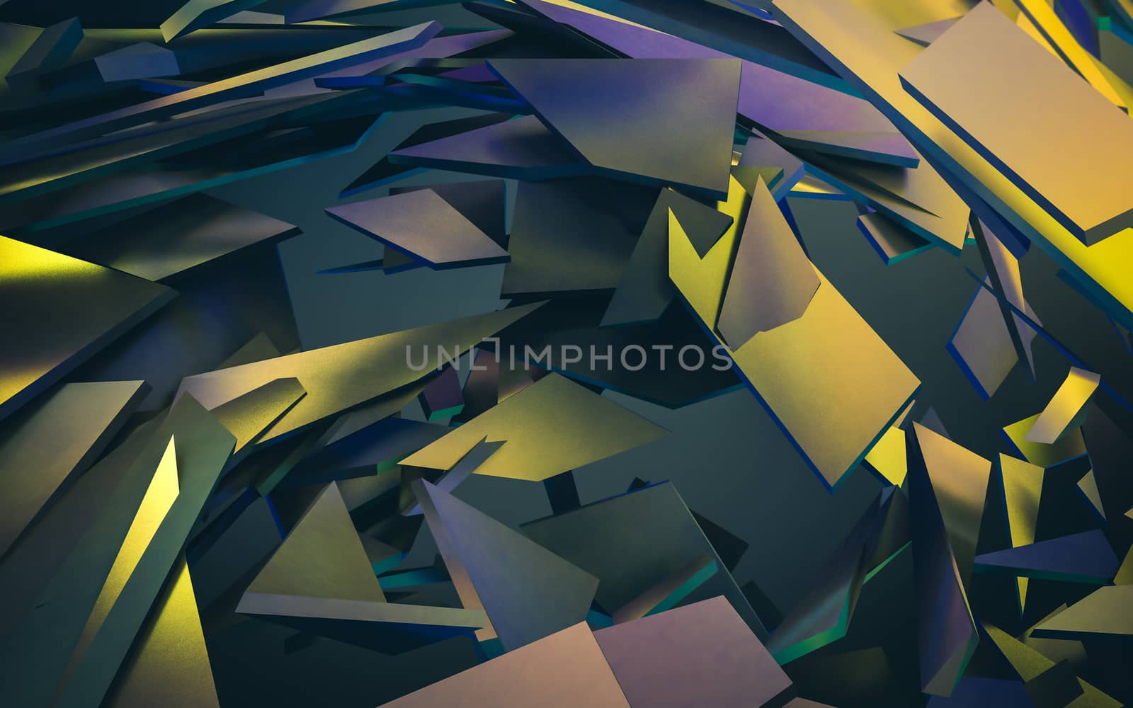 Abstract 3d rendering of chaotic structure. Dark background with futuristic shape in empty space.