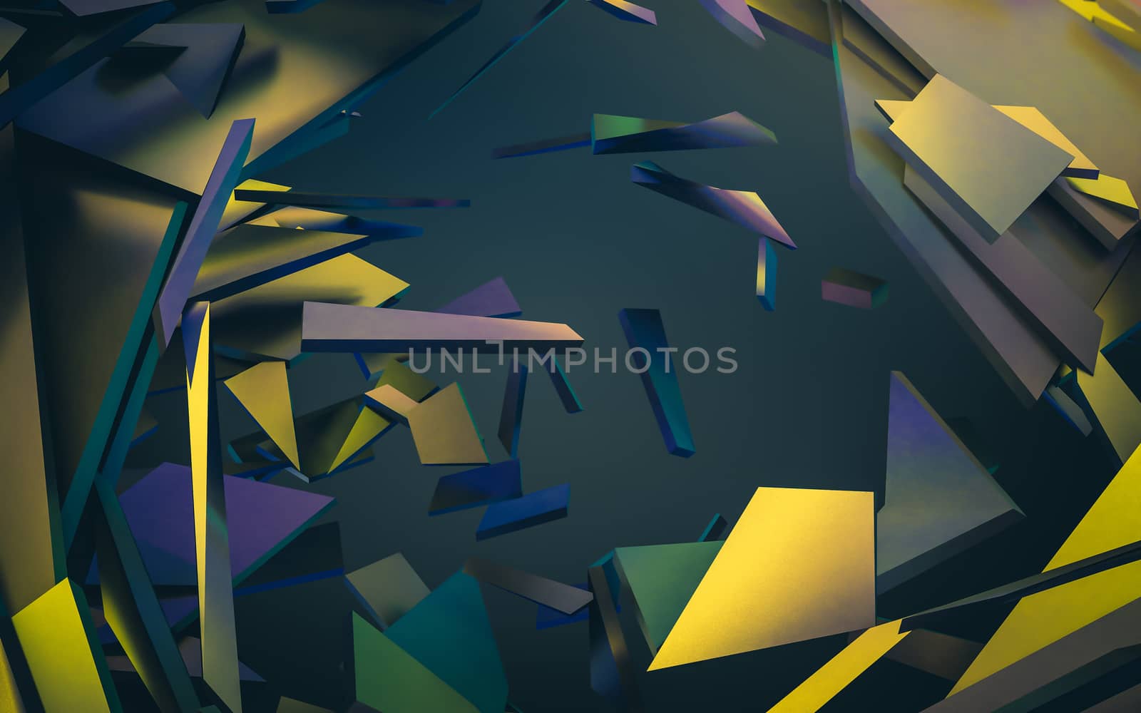 Abstract 3d rendering of chaotic structure. Dark background with futuristic shape in empty space.