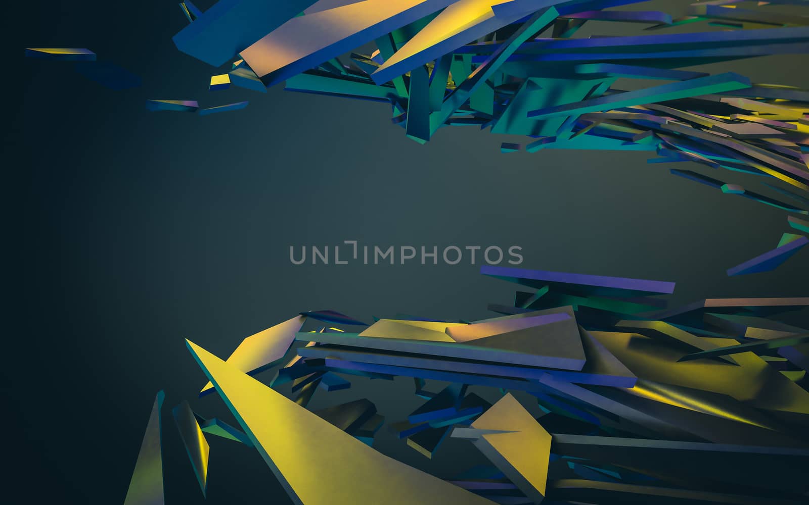 Abstract 3d rendering of chaotic structure. Dark background with futuristic shape in empty space.