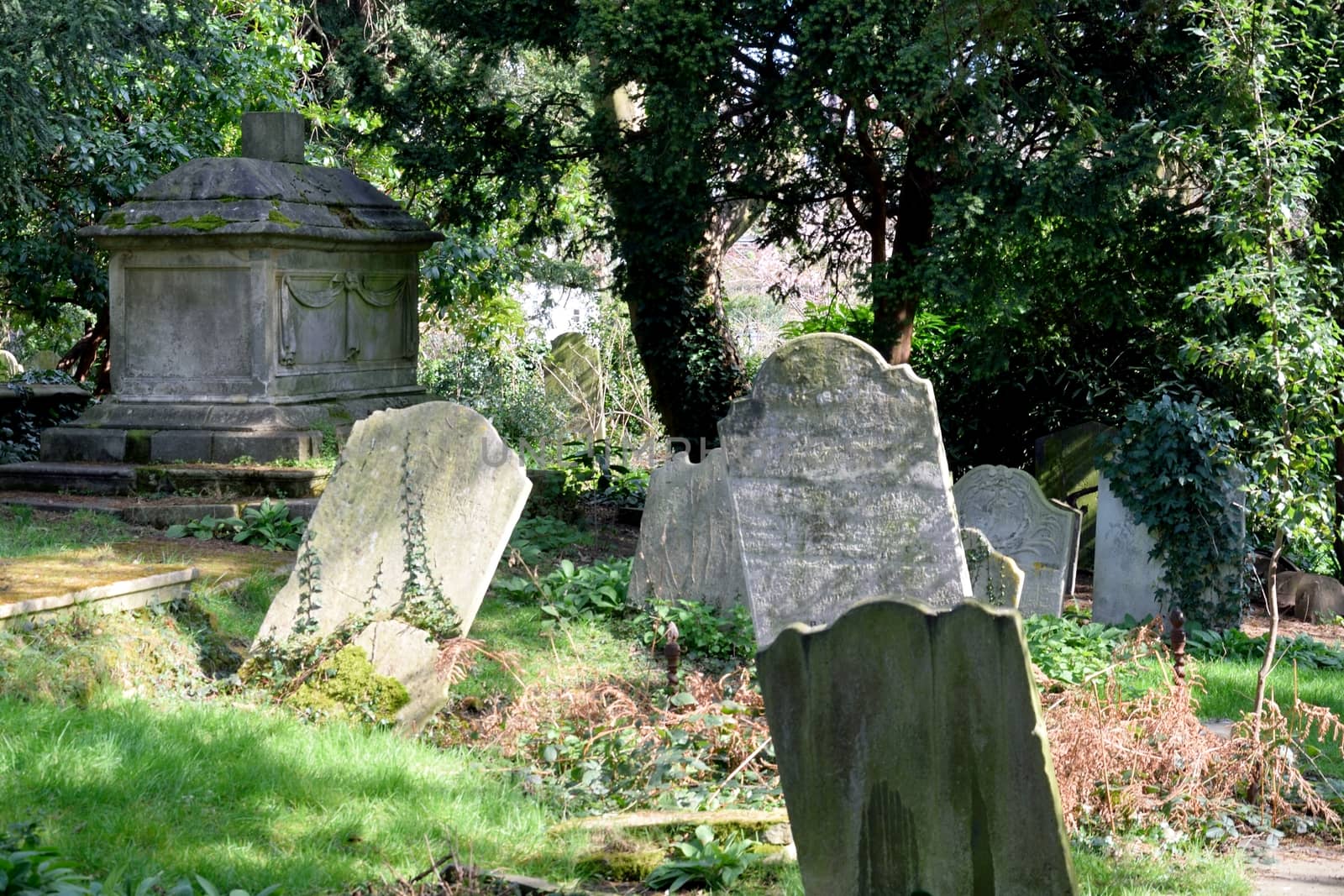 Tombstones in ancient English graveyard