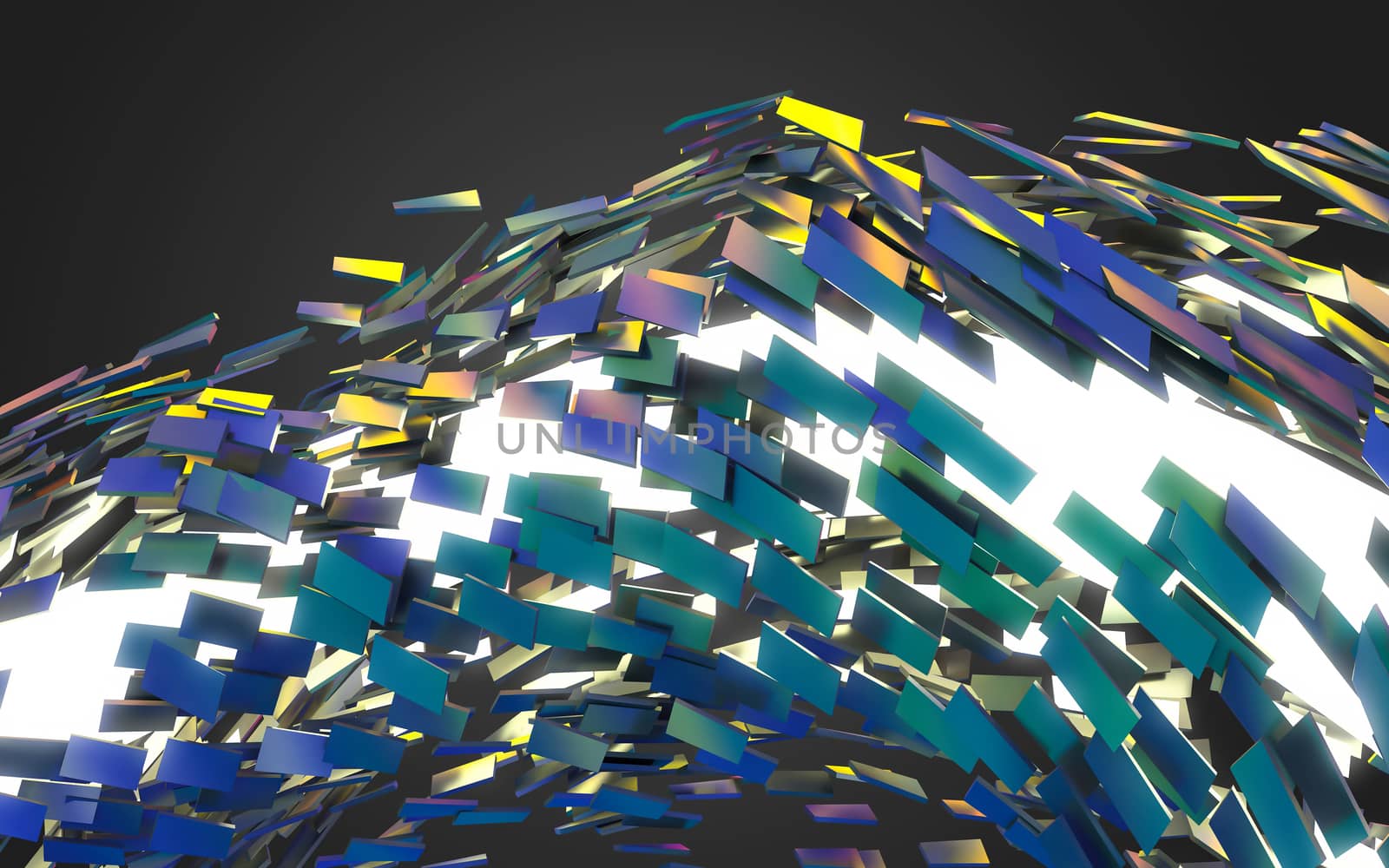 Abstract 3d rendering of chaotic structure. Dark background with futuristic shape in empty space.