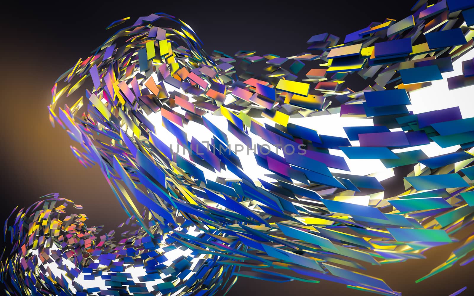 Abstract 3d rendering of chaotic structure. Dark background with futuristic shape in empty space.