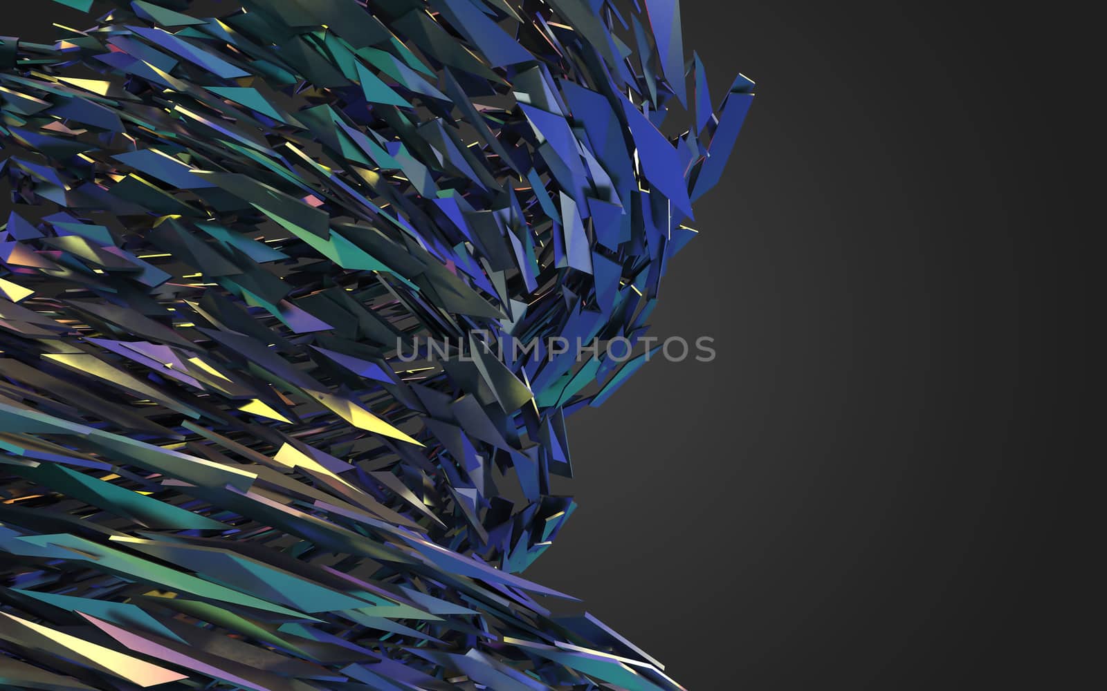 Abstract 3d rendering of chaotic structure. Dark background with futuristic shape in empty space.