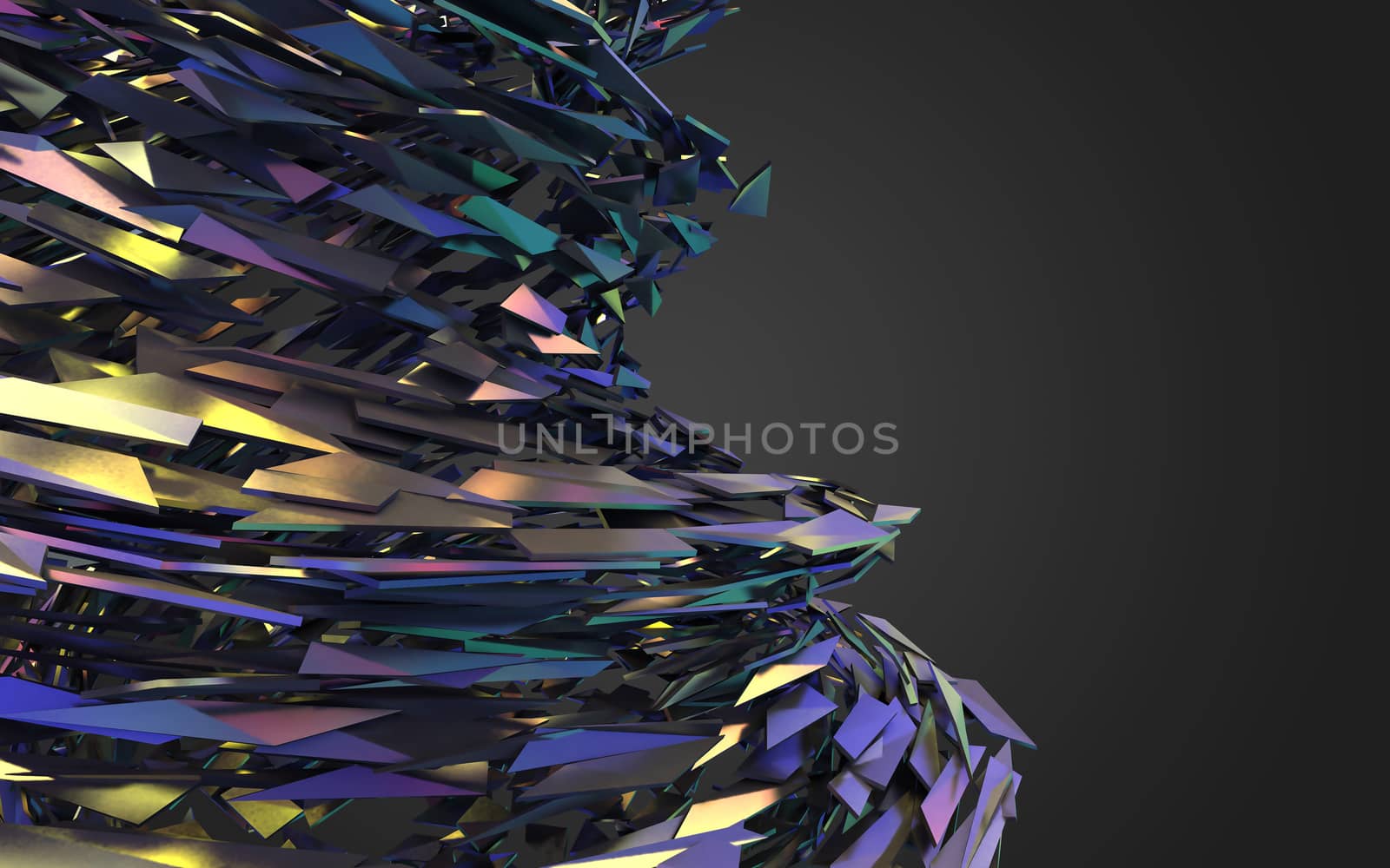 Abstract 3d rendering of chaotic structure. Dark background with futuristic shape in empty space.