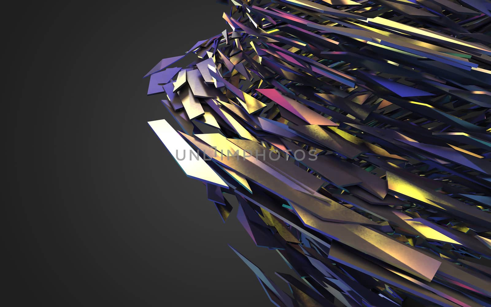 Abstract 3d rendering of chaotic structure. Dark background with futuristic shape in empty space.