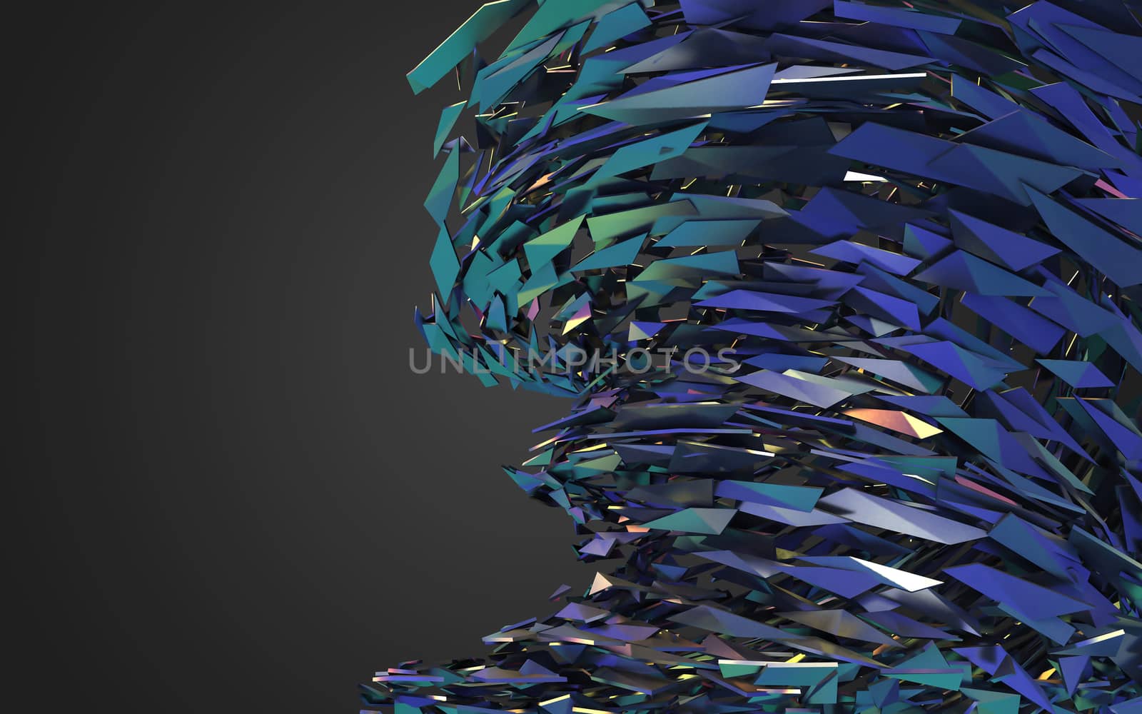 Abstract 3d rendering of chaotic structure. Dark background with futuristic shape in empty space.