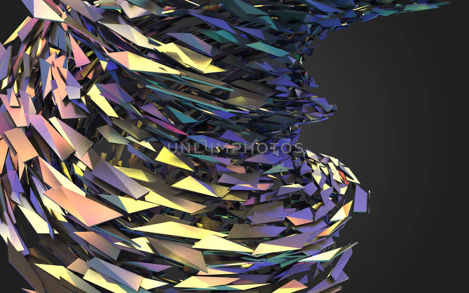 Abstract 3d rendering of chaotic structure. Dark background with futuristic shape in empty space.