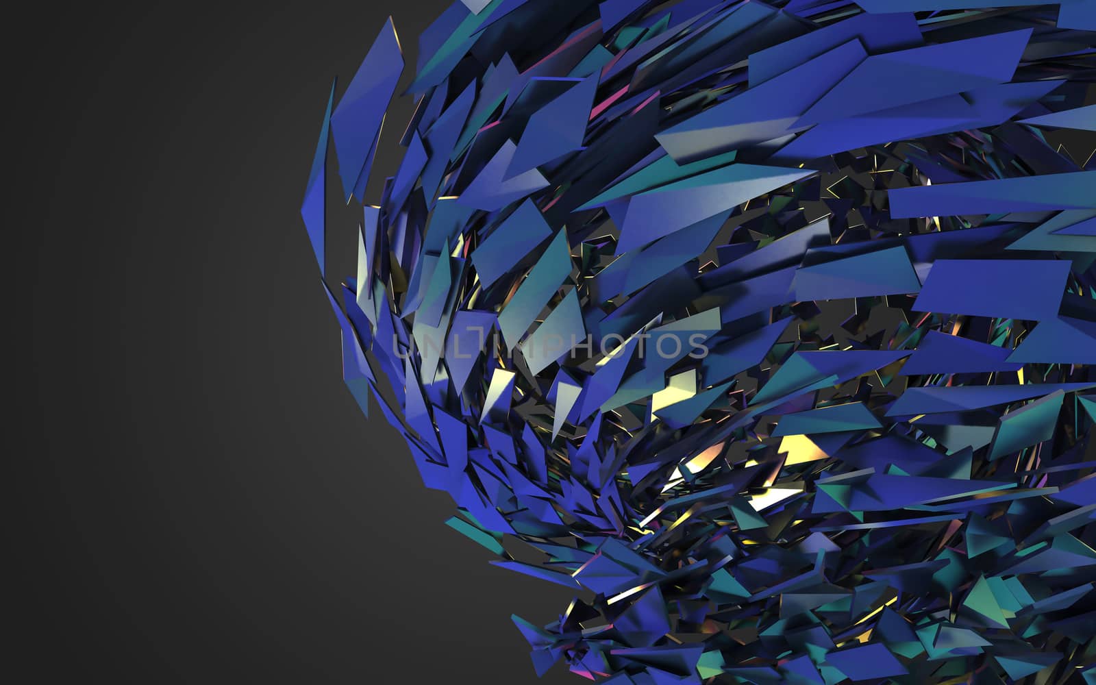 Abstract 3d rendering of chaotic structure. Dark background with futuristic shape in empty space.