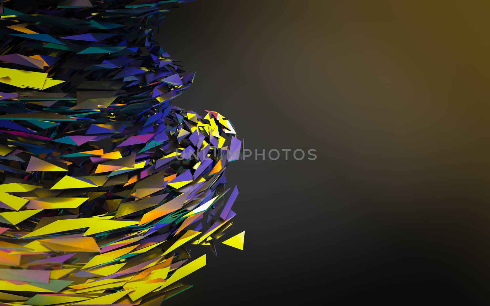 Abstract 3d rendering of chaotic structure. Dark background with futuristic shape in empty space.