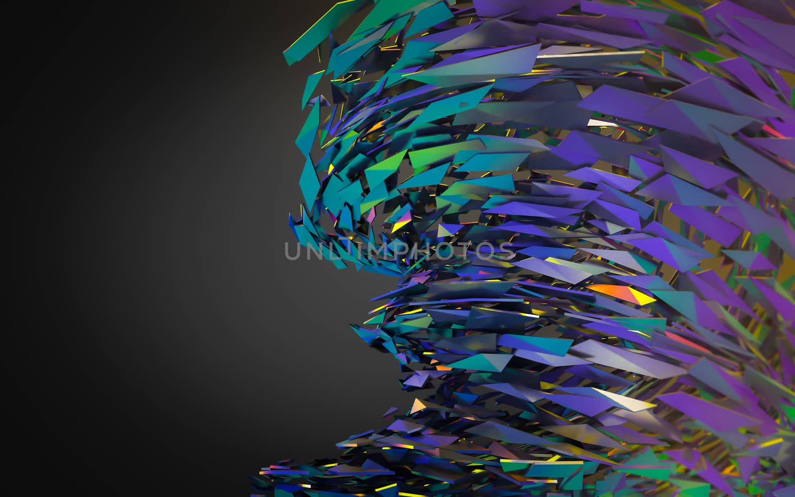 Abstract 3d rendering of chaotic structure. Dark background with futuristic shape in empty space.