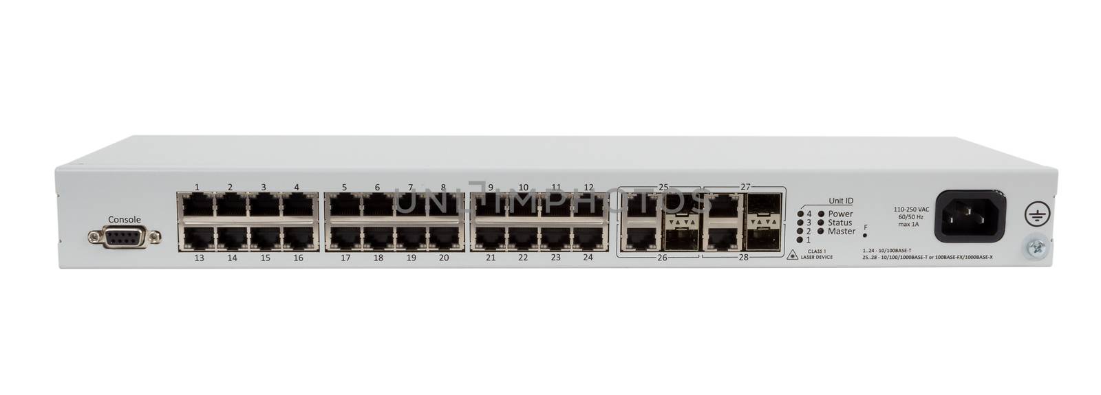 Professional network indistrial gigabit switch isolated on white background with combo SFP ports