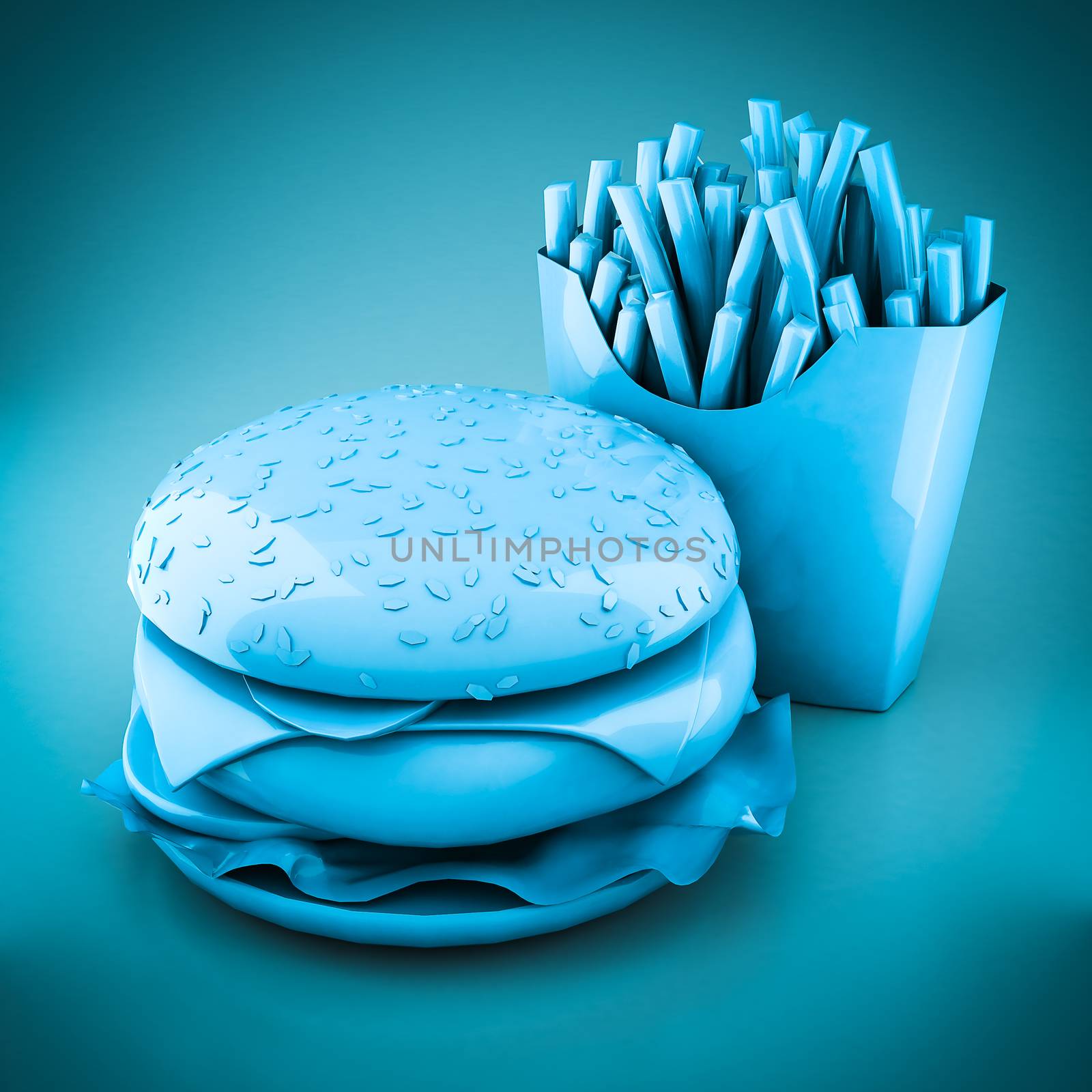 Hamburger and fries on a blue background