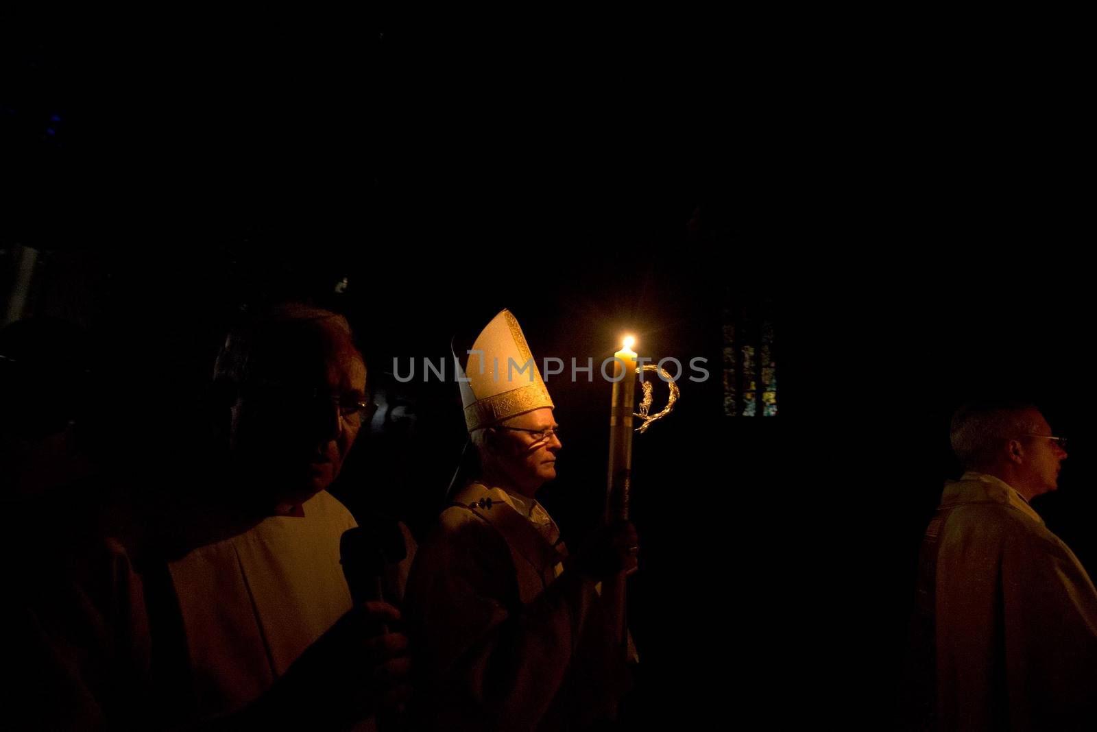 BRAZIL, Sao Paulo: Cardinal Odilo Scherer, the archbishop of São Paulo, leads the Easter prayers as churchgoers attend Easter mass and vigil at São Paulo See Metropolitan Cathedral on March 26, 2016. Christians around the world are marking the Holy Week, commemorating the crucifixion of Jesus Christ, leading up to his resurrection on Easter.