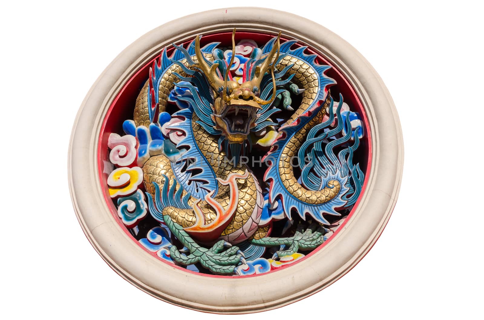 Dragon statue in Chinese temple on white background.