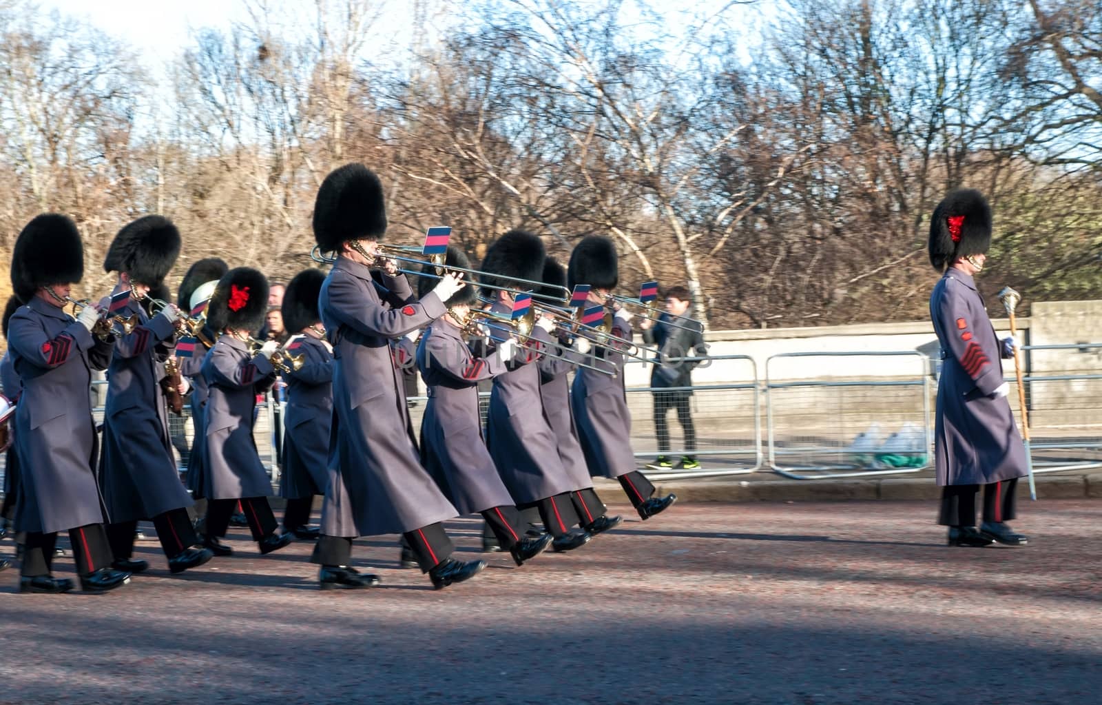 Musicians playing march on ceremony of changing of the guard in Buckingham Palace in London, United Kingdom