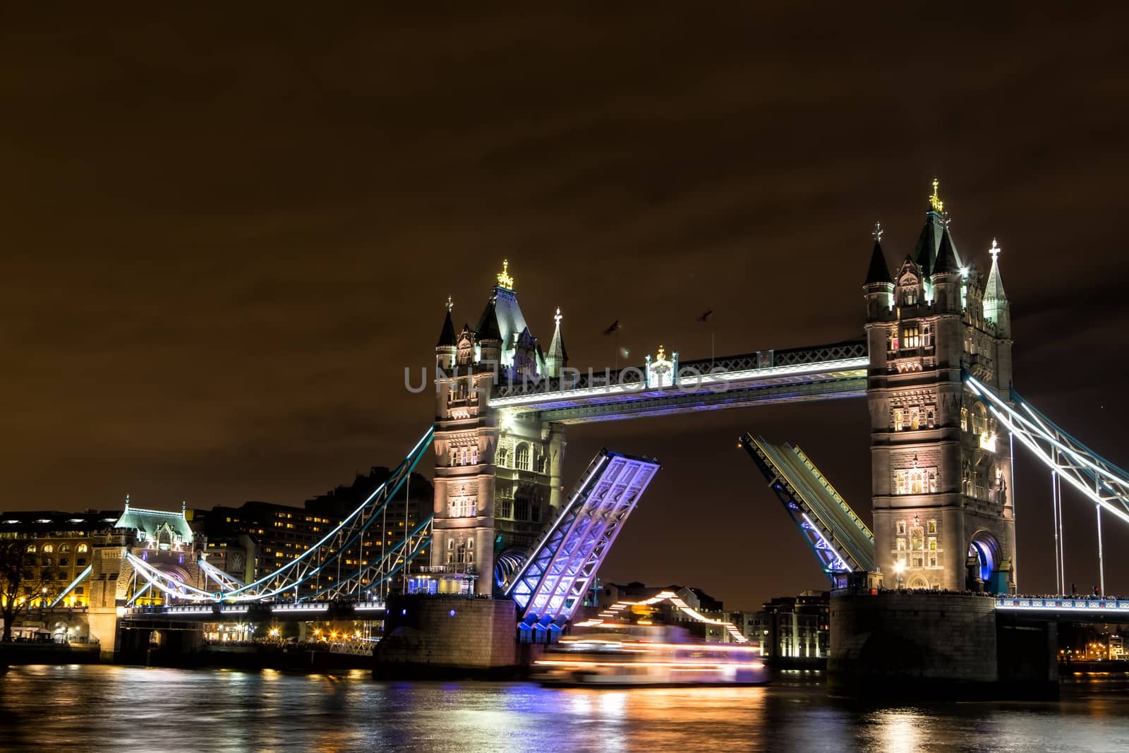 Tower Bridge (built 1886-1894) is a combined bascule and suspension bridge in London which crosses the River Thames.