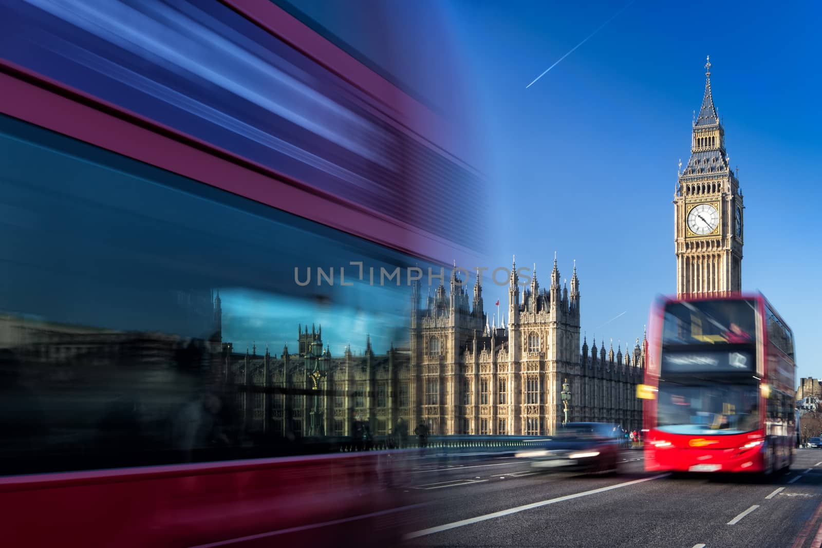 The Clock Tower, named in tribute to Queen Elizabeth II, more popularly known as Big Ben and iconic red buses.