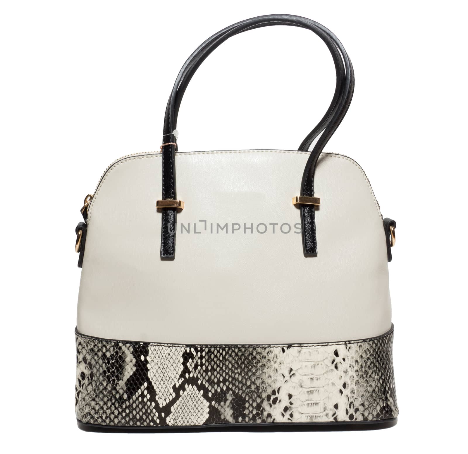 The photograph shows a female handbag on a white background