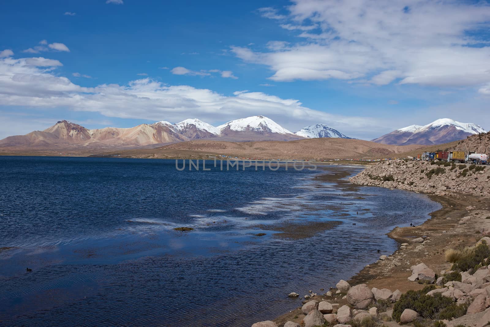 Long queue of trucks waiting to cross into Bolivia on the road around Lake Chungara, high on the Altiplano of northern Chile.