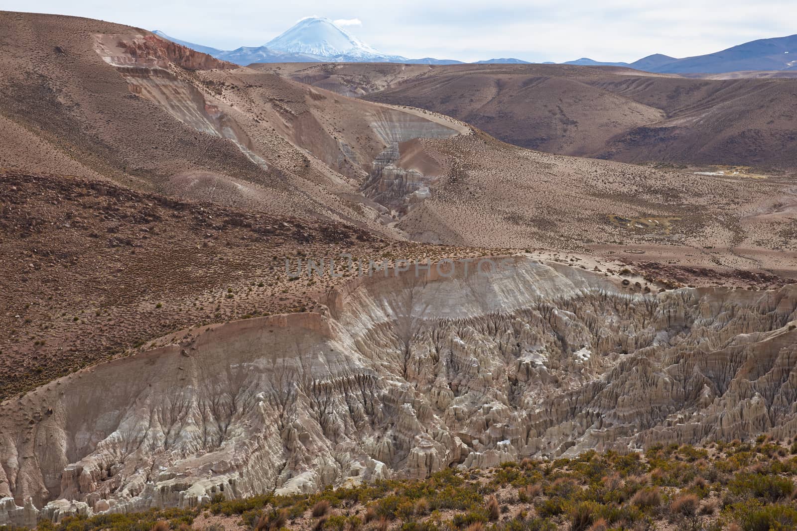 Eroded rock formations at the head of a river valley feeding the River Lauca high up on the Altiplano of northern Chile in Lauca National Park. On the horizon is the snow capped Parinacota volcano (6342m).
